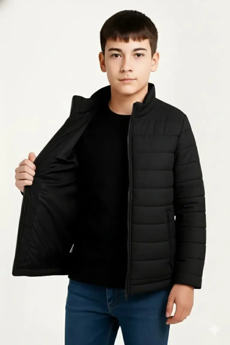 Çocuk Şişme İçi Elyaflı Fermuarlı Cepli Mont Su İtici Ceket -  Siyah