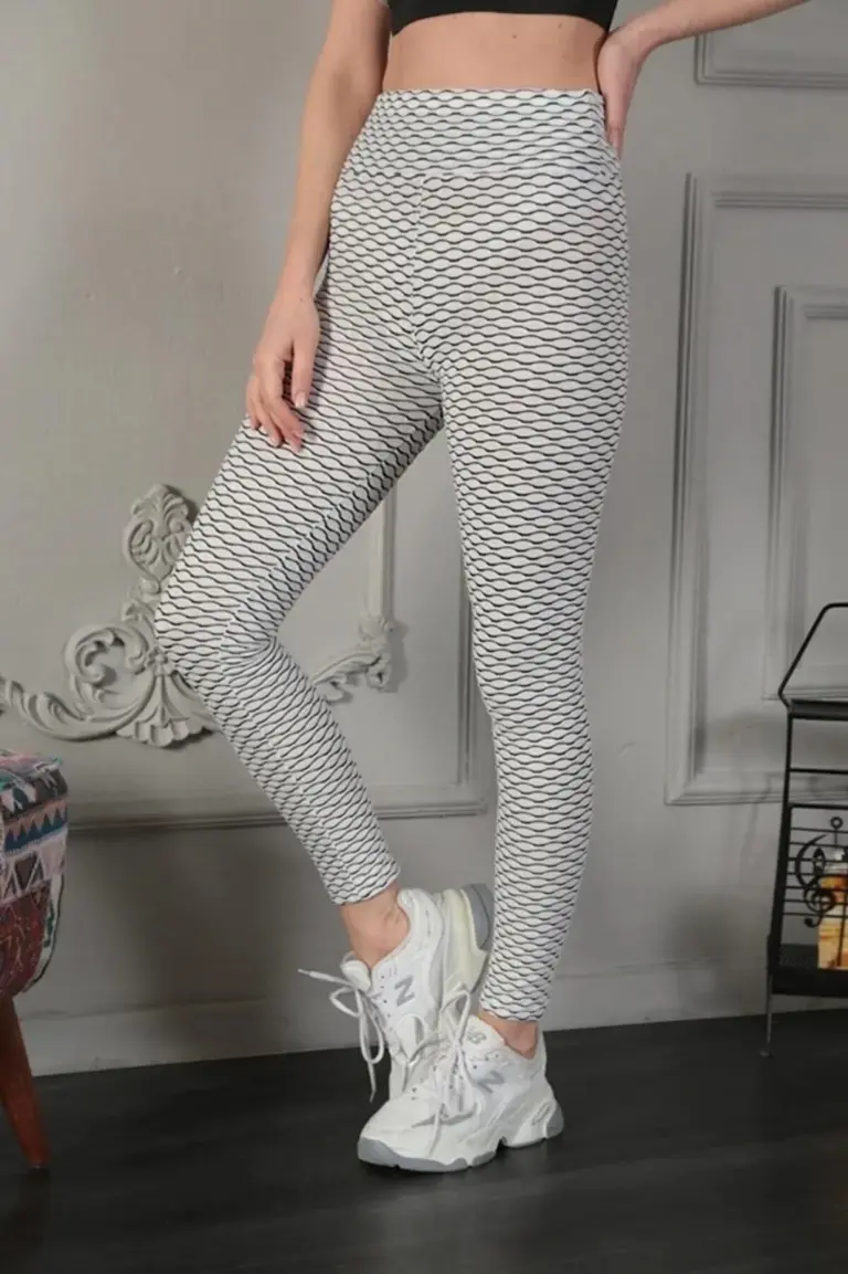 Yüksek Bel Toparlayıcı Likralı Büzgülü Tayt - Beyaz