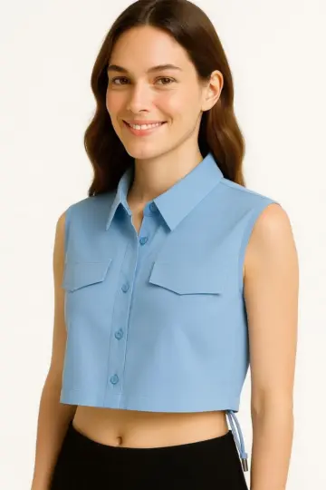 Crop Poplin Gömlek Yalancı Cepli Ayarlanabilir Yan Kordonlu - Bebek Mavisi