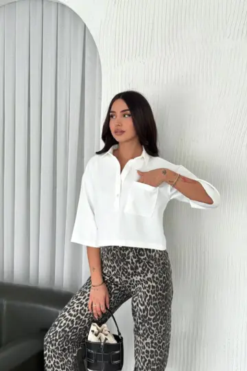 Krep Kadın Crop Yakalı Gömlek İlik Düğmeli Üç Çeyrek Sleeve Kol - Beyaz