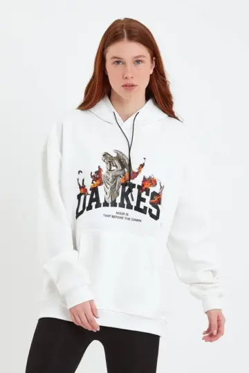 Oversize Kapüşonlu Cepli Baskılı 3 İplik Pamuklu Hoodie Sweatshirt - Beyaz
