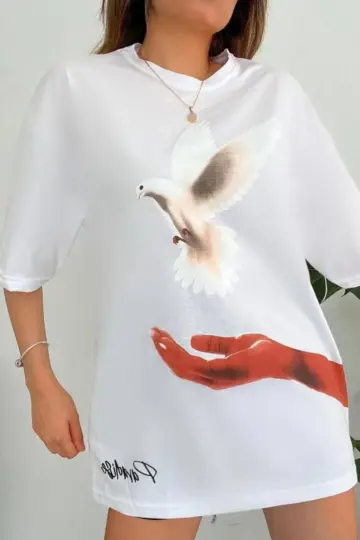 Kısa Kol Yazlık Tişört Bisiklet Yaka Uzi Güvercin Baskılı T-Shirt - Beyaz