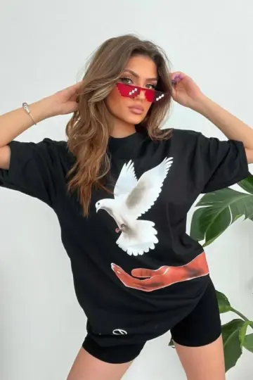 Kısa Kol Yazlık Tişört Bisiklet Yaka Uzi Güvercin Baskılı T-Shirt - Siyah