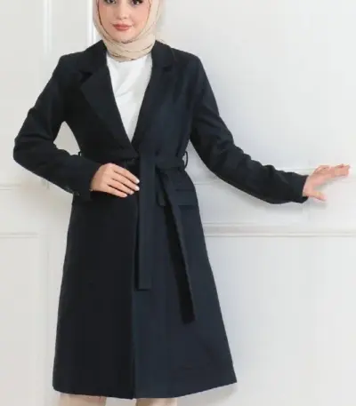Kaşe Kaban Uzun Boy Kruvaze Yaka Kuşaklı Tesettür Kaban Astarlı Yünlü - Lacivert