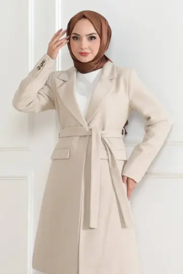 Kaşe Kaban Uzun Boy Kruvaze Yaka Kuşaklı Tesettür Kaban Astarlı Yünlü Dokuma - Bej
