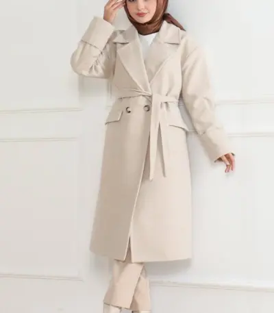 Kaşe Kaban Uzun Boy Kruvaze Yaka Kuşaklı Tesettür Kaşe Kaban Astarlı Yünlü - Bej