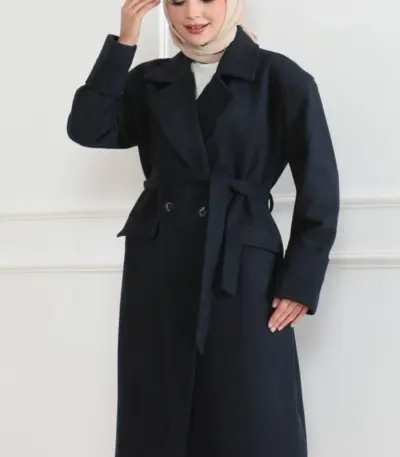 Kaşe Kaban Uzun Boy Kruvaze Yaka Kuşaklı Tesettür Kaşe Kaban Astarlı - Lacivert