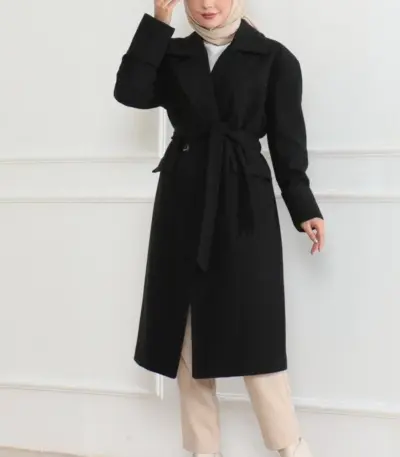 Kaşe Kaban Uzun Boy Kruvaze Yaka Kuşaklı Tesettür Kaban Astarlı Yünlü Dokuma - Siyah