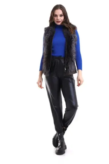 Fermuarlı Koyun Derisi Tilki Kürkü - Siyah