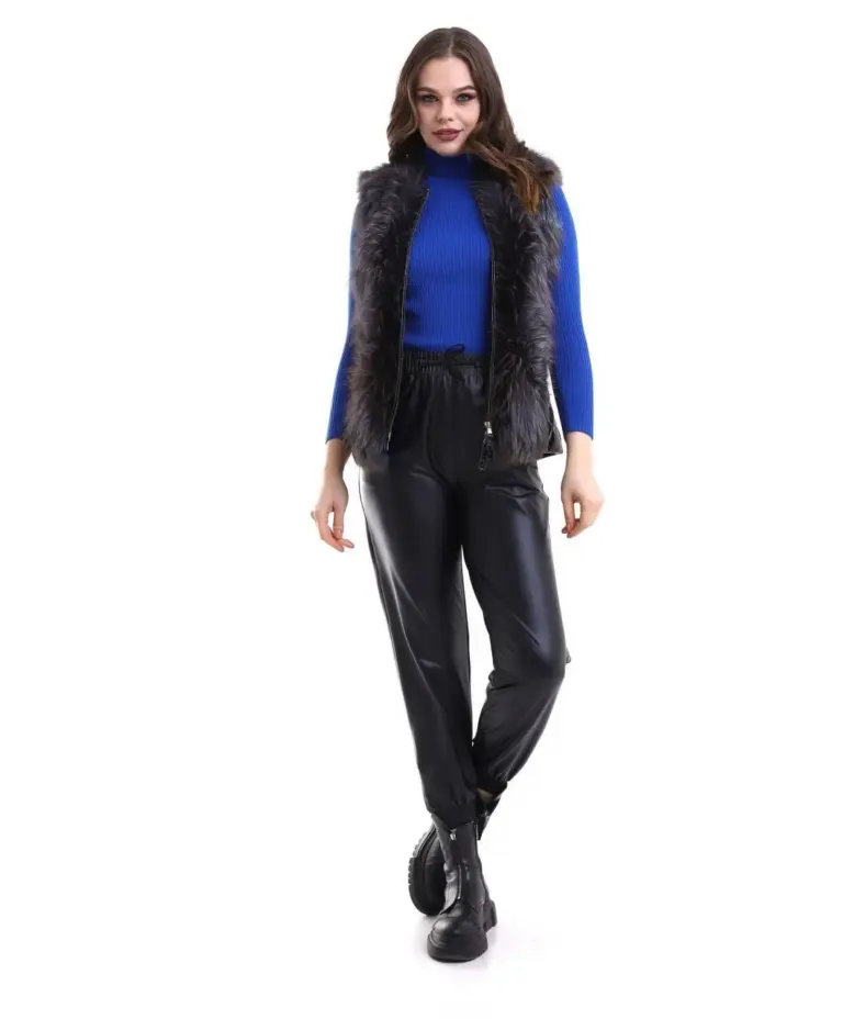 Fermuarlı Koyun Derisi Tilki Kürkü - Siyah