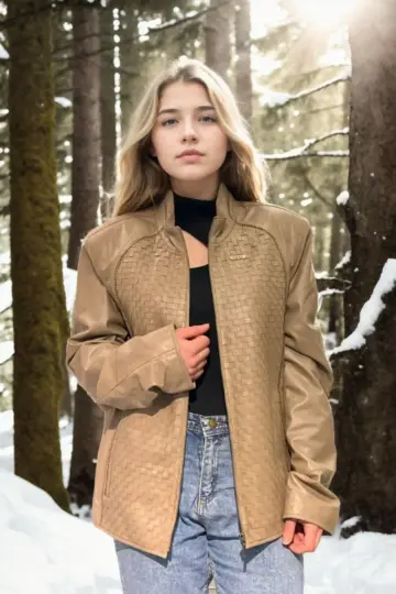 Premium Doğal Fileli Deri Ceket - Krem