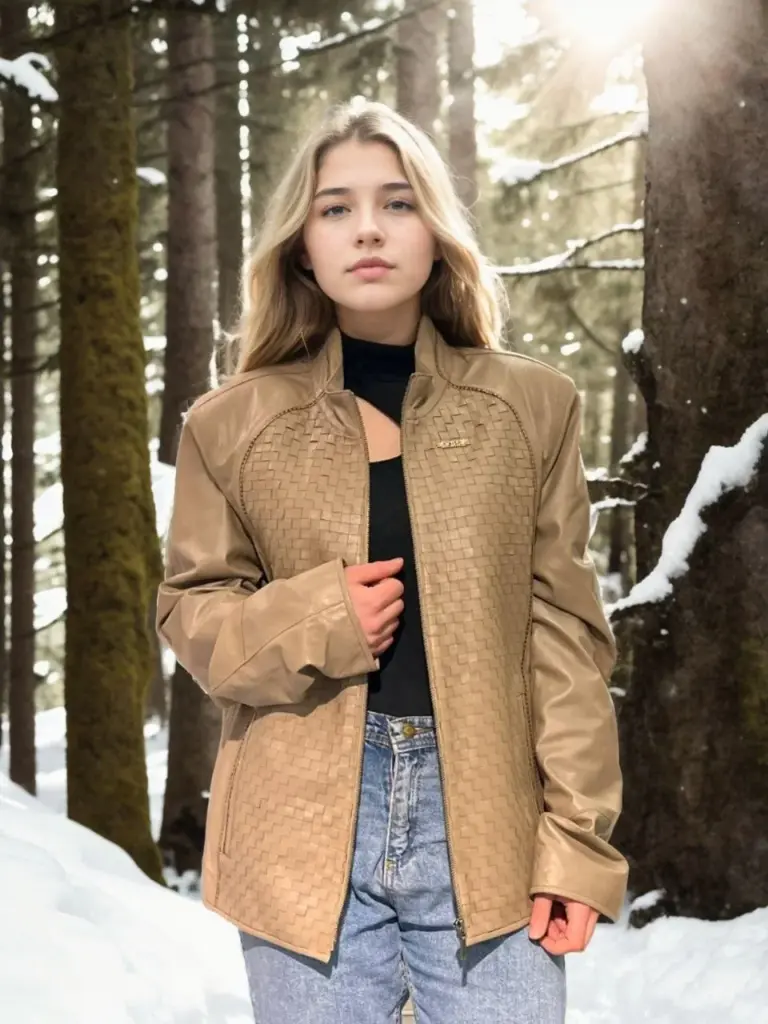 Premium Doğal Fileli Deri Ceket - Krem