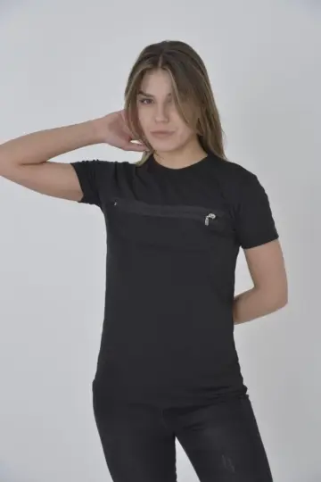 Gögüs Fermuarlı T-Shirt Kısa Kol Bisiklet Yaka Slimfit Tişört - Siyah