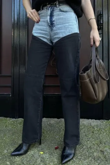 Jeans Kot Parçalı Palazzo Pantolon - Siyah