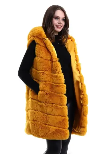Kapüşonlu Peluş Kürk Yelek Premium Kalite Tam Astarlı Uzun Model - Sarı