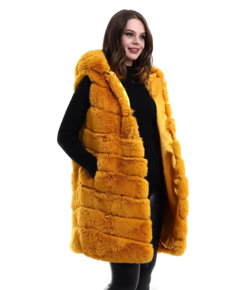Kapüşonlu Peluş Kürk Yelek Premium Kalite Tam Astarlı Uzun Model - Sarı