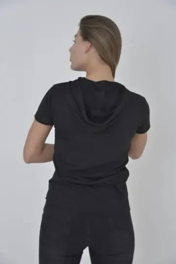 Kapüşonlu T-Shirt Kısa Kol Bisiklet Yaka Slimfit Tişört   - Siyah