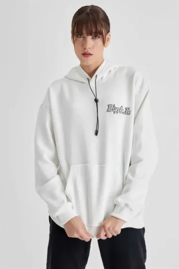 Oversize Kapüşonlu Cepli TUPAC Baskılı 3 İplik Pamuklu Hoodie Sweatshirt - Beyaz