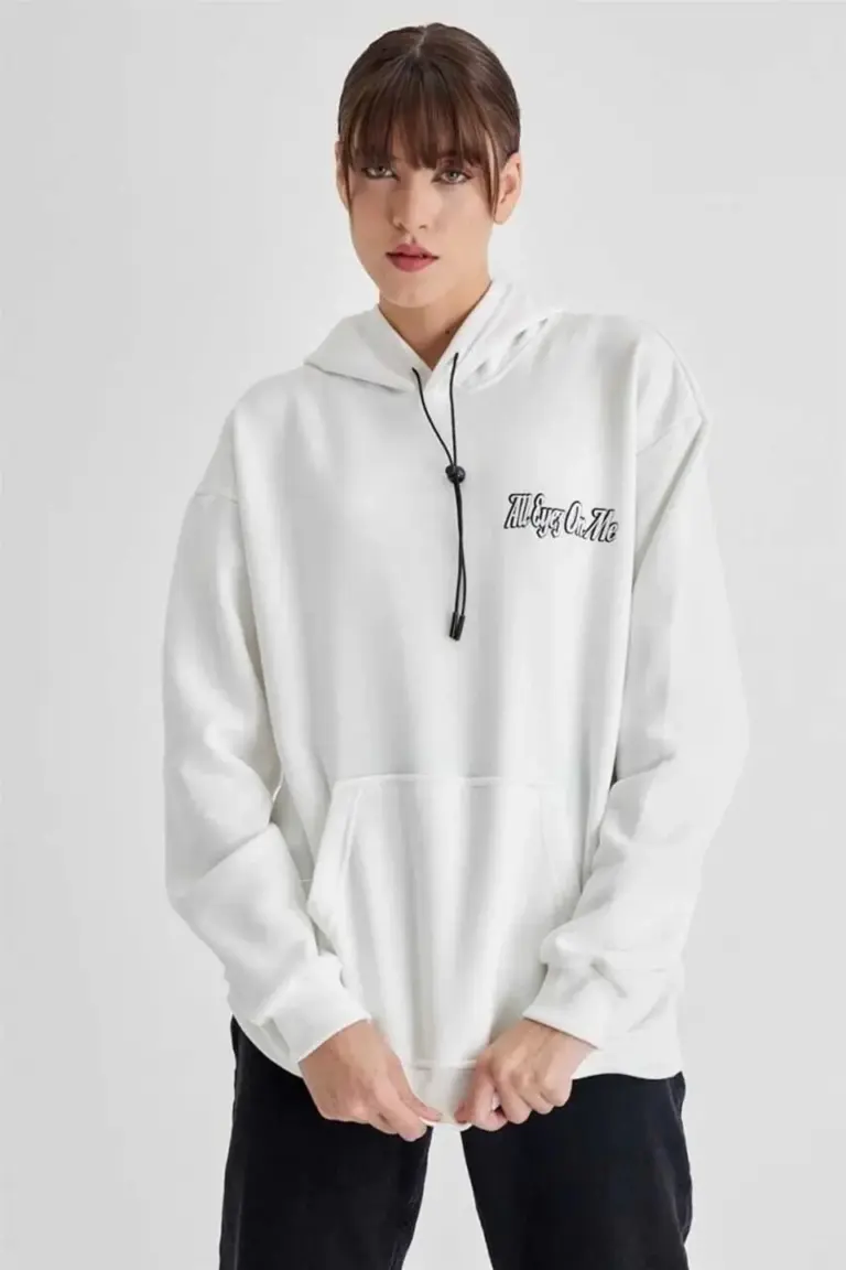 Oversize Kapüşonlu Cepli TUPAC Baskılı 3 İplik Pamuklu Hoodie Sweatshirt - Beyaz