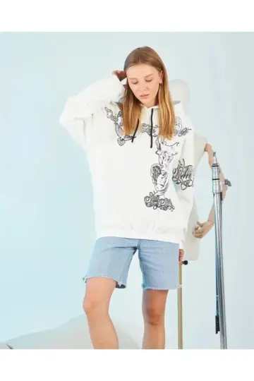Oversize Kapüşonlu Baskılı 3 İplik Pamuklu Hoodie Sweatshirt - B