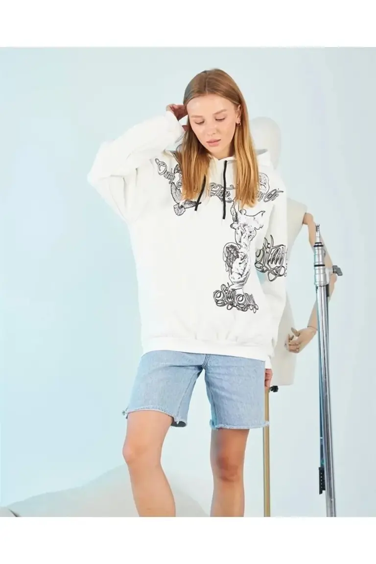 Oversize Kapüşonlu Baskılı 3 İplik Pamuklu Hoodie Sweatshirt - Beyaz