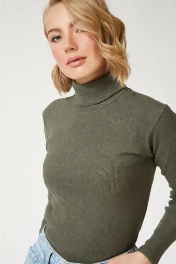 Kaşkorse Boğazlı Full Likralı Fitilli Body Kazak - Haki