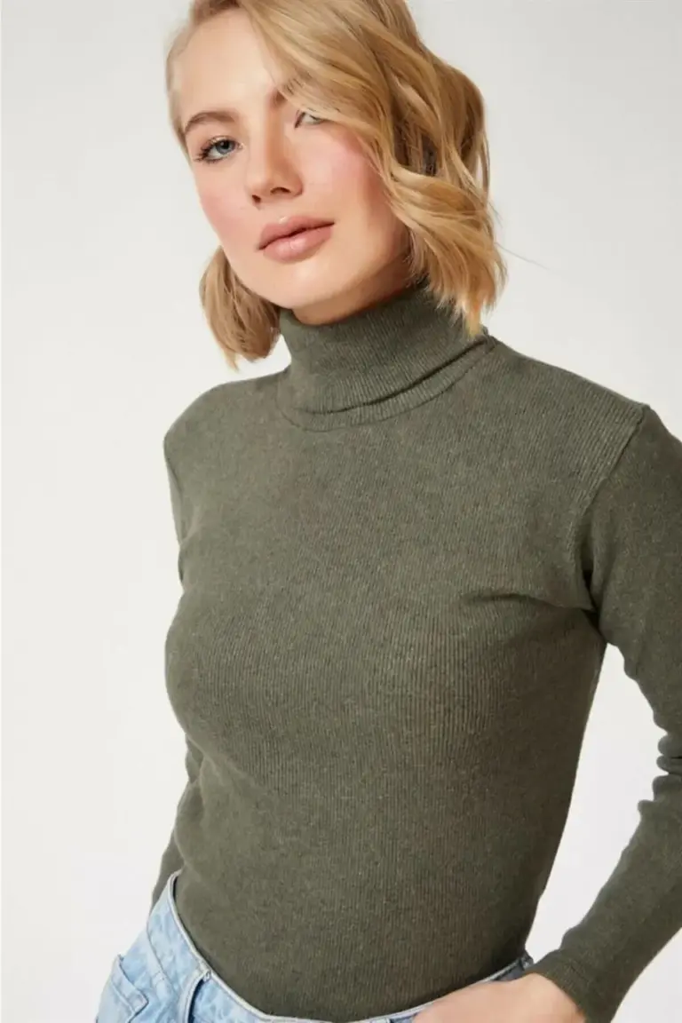 Kaşkorse Boğazlı Full Likralı Fitilli Body Kazak - Haki