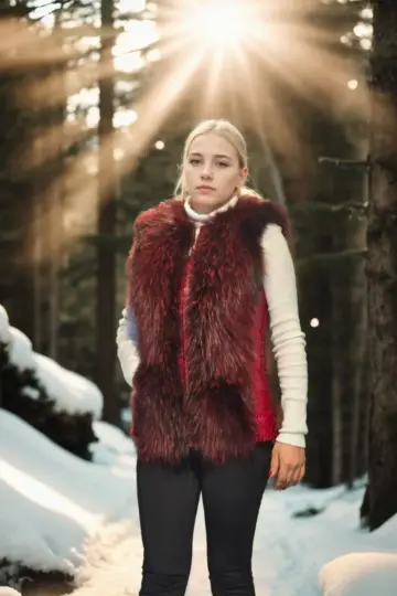 Premium Doğal Kürk Kolsuz Fermuarlı Yelek - Kırmızı