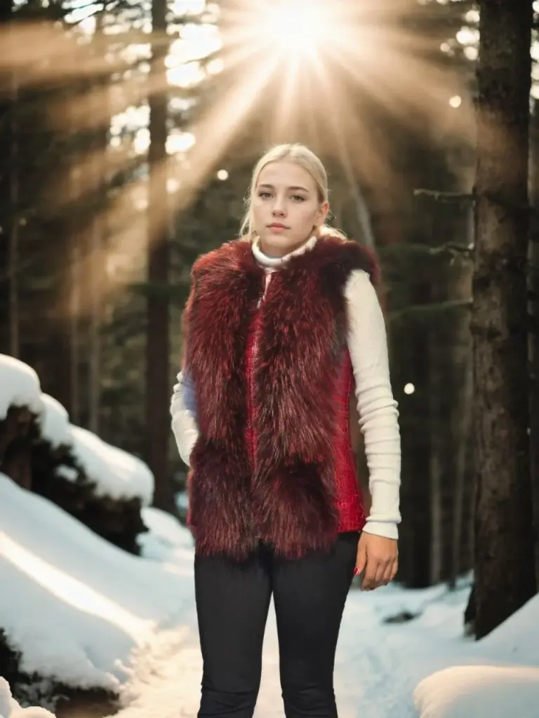 Premium Doğal Kürk Kolsuz Fermuarlı Yelek - Kırmızı