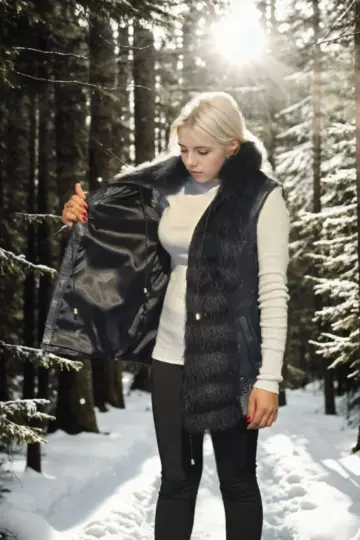 Premium Doğal Kürk Kolsuz Fermuarlı Yelek - Lacivert