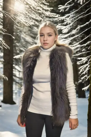 Premium Doğal Kürk Kolsuz Fermuarlı Yelek - Siyah