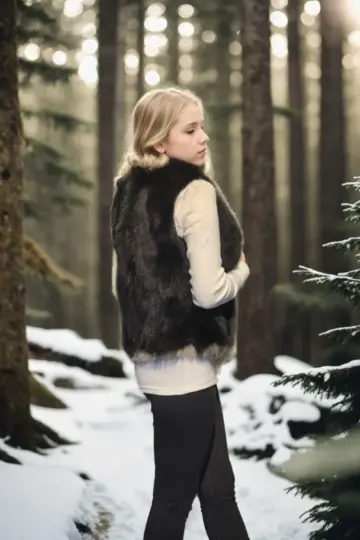 Premium Doğal Kürk Kısa kol Kolsuz Fermuarlı Yelek - Siyah