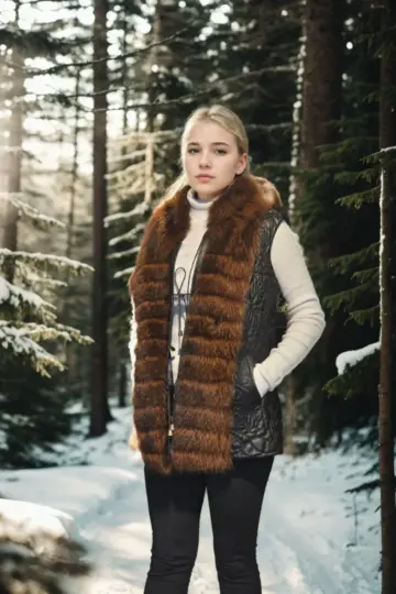 Premium Doğal Kürk Kolsuz Fermuarlı Yelek - Siyah