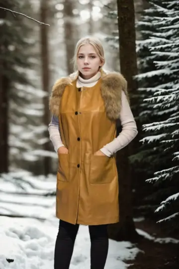 Premium Doğal Kürk Kolsuz Deri - Hardal