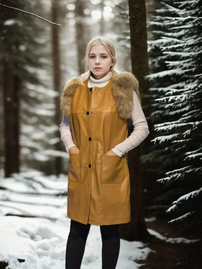 Premium Doğal Kürk Kolsuz Deri - Hardal