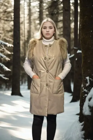 Premium Doğal Kolsuz Deri Kürk - Krem