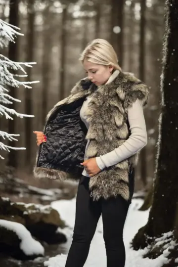 Premium Doğal Kürk Kolsuz Deri - Siyah