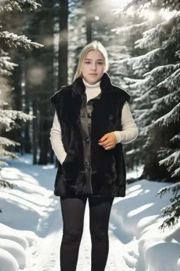 Premium Doğal Kürk Kolsuz Yelek - Siyah