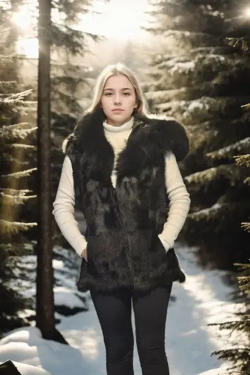 Premium Doğal Kürk Kolsuz Kapüşonlu Yelek - Siyah