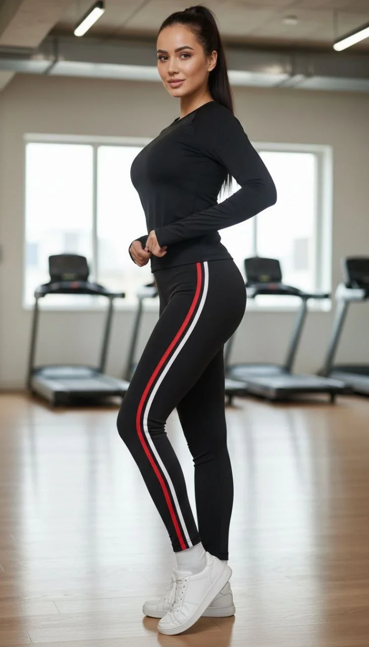 Likralı Penye Yanı Kırmızı Beyaz Şeritli Dar Kalıp Spor Tayt - Siyah