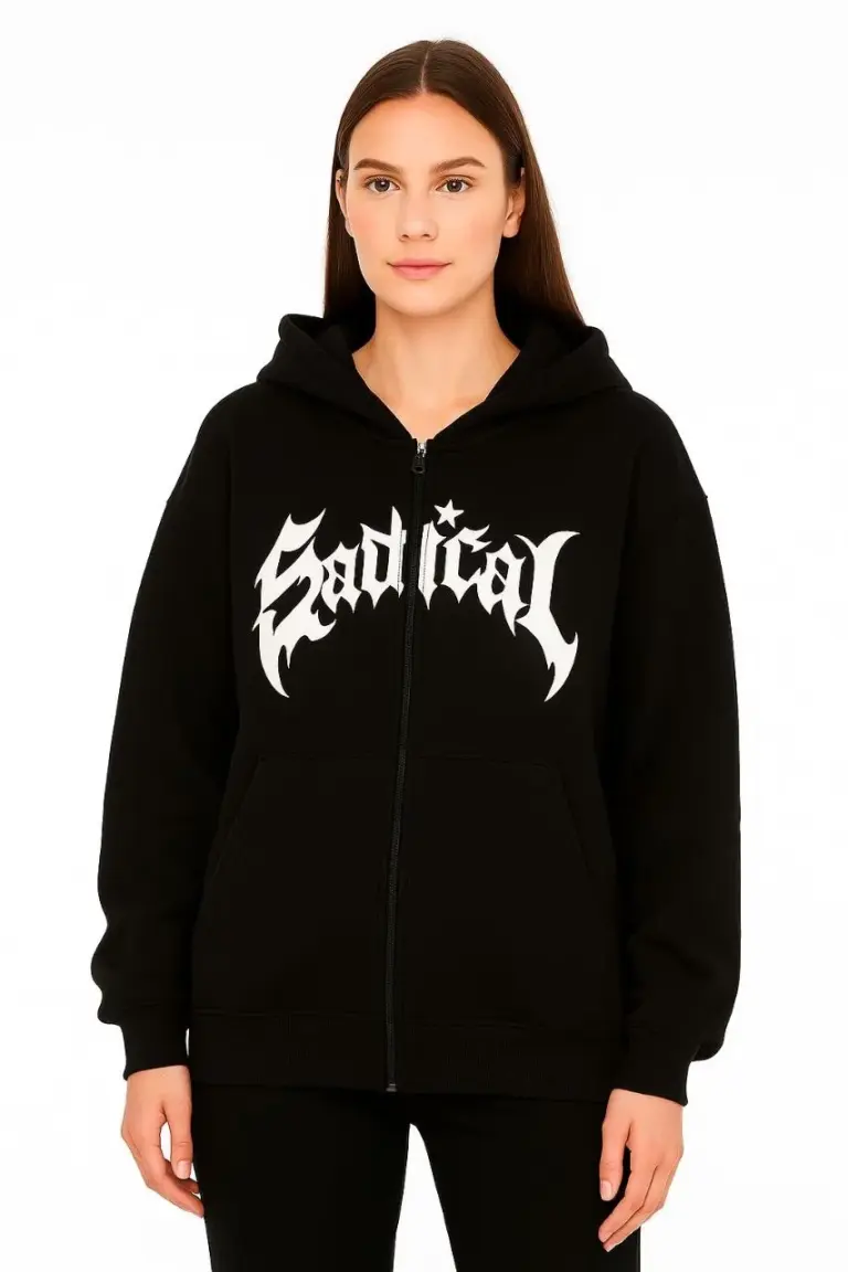 Kapüşonlu 3 İplik Şardonlu Önü Baskılı Fermuarlı Oversize Sweatshirt - Siyah