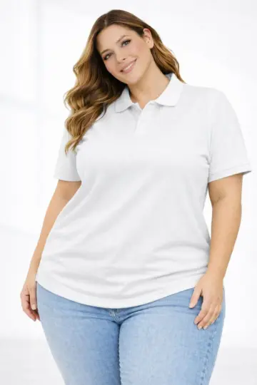 Battal Beden Tişört Polo Yaka Pike Kumaş Kısa Kol T-Shirt - Beyaz