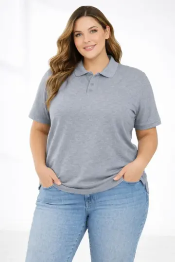 Battal Beden Tişört Polo Yaka Pike Kumaş Kısa Kol T-Shirt - Gri