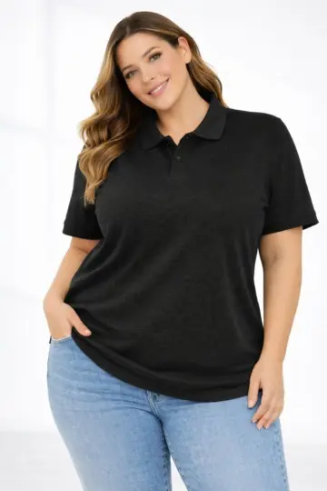 Battal Beden Tişört Polo Yaka Pike Kumaş Kısa Kol T-Shirt - Siyah