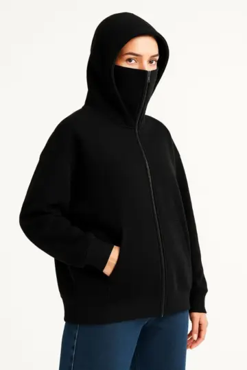 Samuray Ninja Çift Kapüşonlu Maske Detaylı 3 İplik Hoodie - Siyah