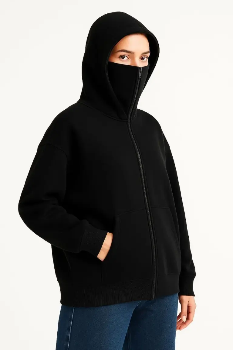 Samuray Ninja Çift Kapüşonlu Maske Detaylı 3 İplik Hoodie - Siyah