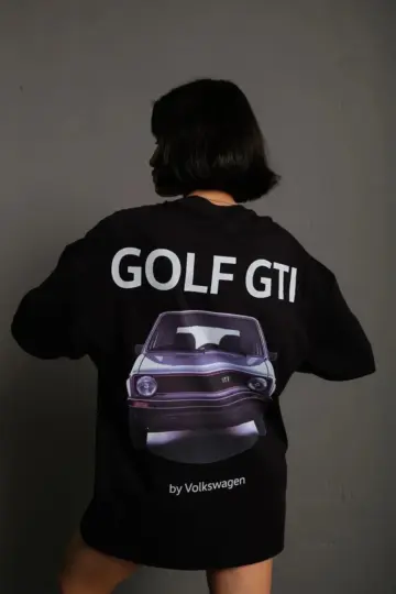 Oversize Tişört Golf GTI Retro Araba Baskılı T-shirt- Siyah