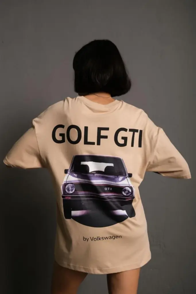 Oversize Tişört Golf GTI Retro Araba Baskılı T-shirt - Bej