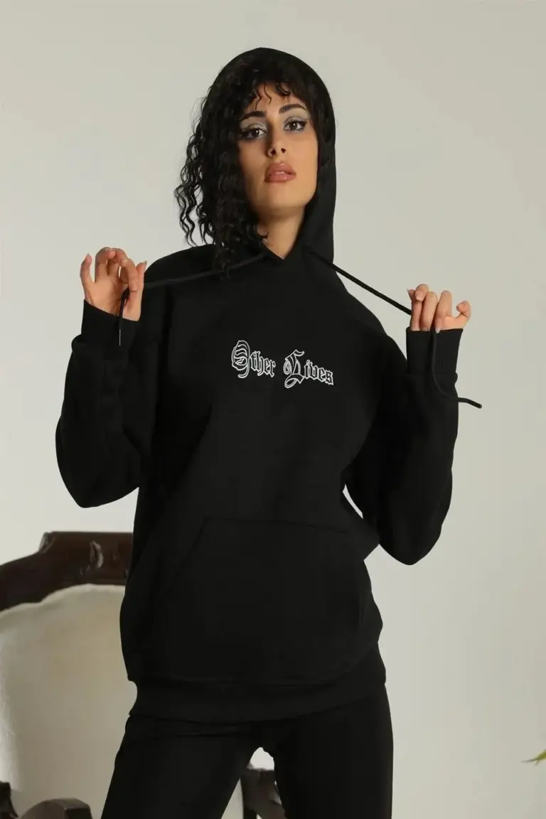 Oversize Kapüşonlu Cepli Baskılı 3 İplik Pamuklu Hoodie Sweatshirt - Siyah