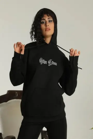Oversize Kapüşonlu Cepli Baskılı 3 İplik Pamuklu Hoodie Sweatshirt - Siyah